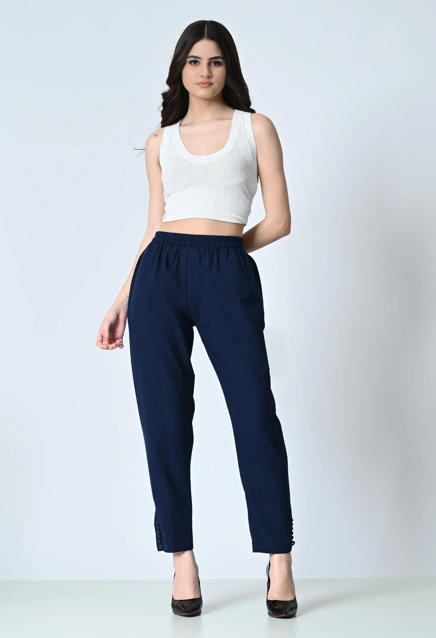 MAURYA Women's Navy 100% Cotton Full-Elasticated Waist Regular Pant with 2 Side Pockets (MPT009)