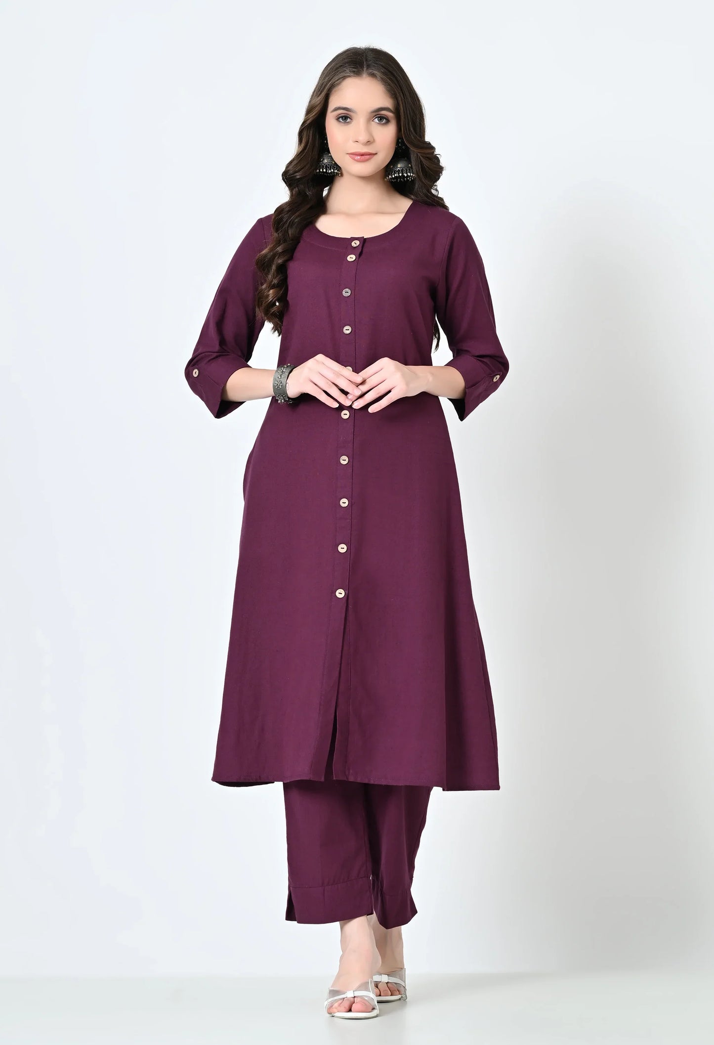 MAURYA Women's Cotton Flex Solid Purple A line Buttoned Kurta with Pant with 2 Side Pocket (MKS043)