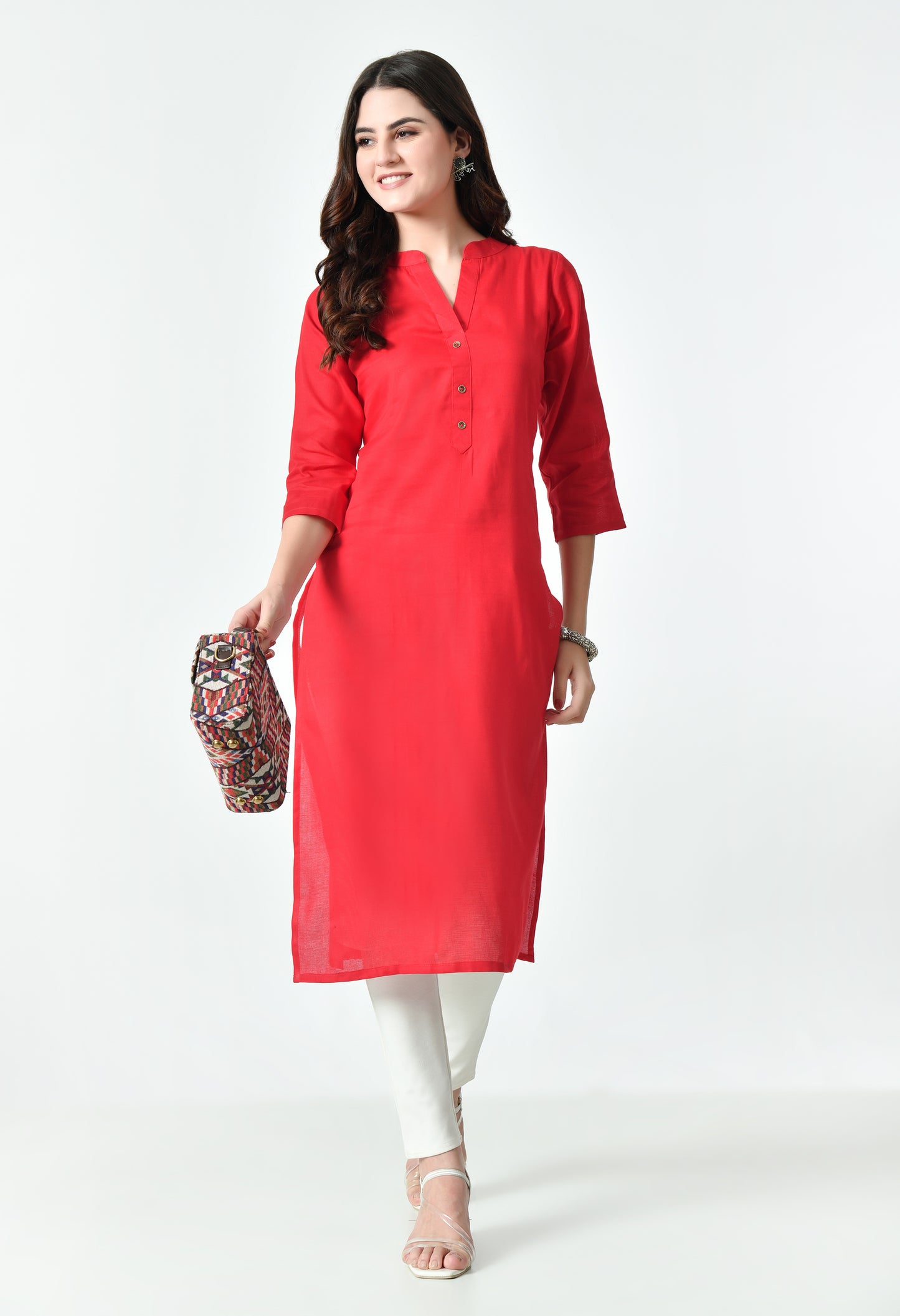 MAURYA Women's Red Color Solid Cotton Blend Regular Straight Kurti (MKT127)
