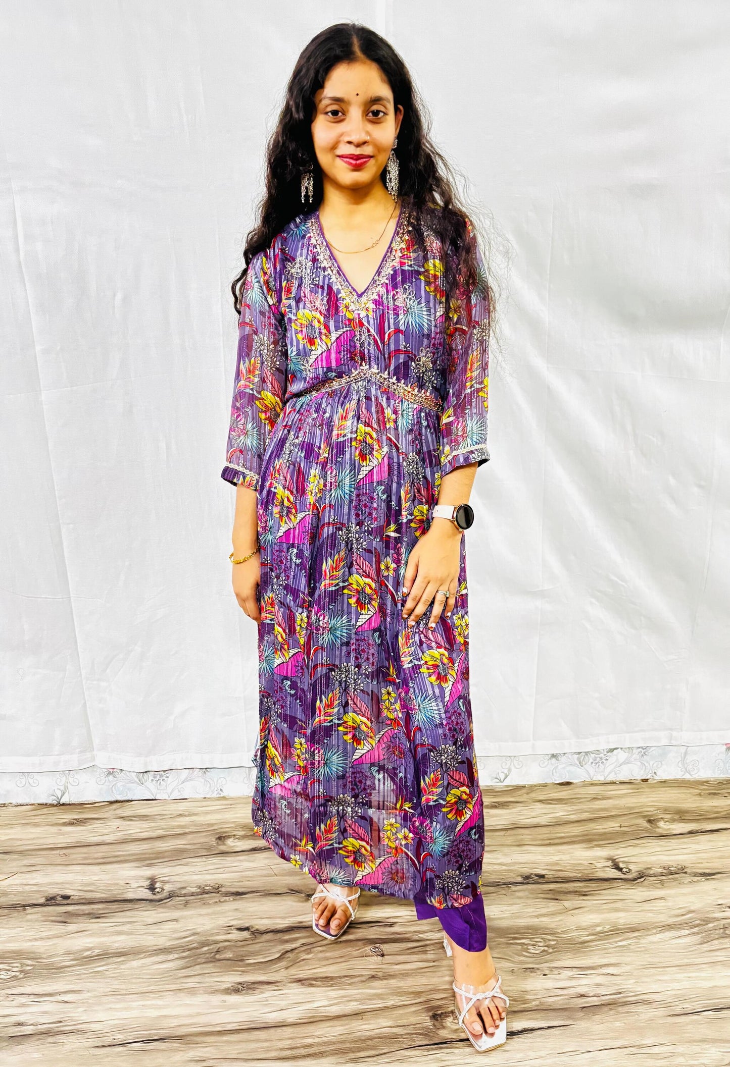 MAURYA Women Purple Printed Chiffon Naira Cut Set with Dupatta (WMKS025)