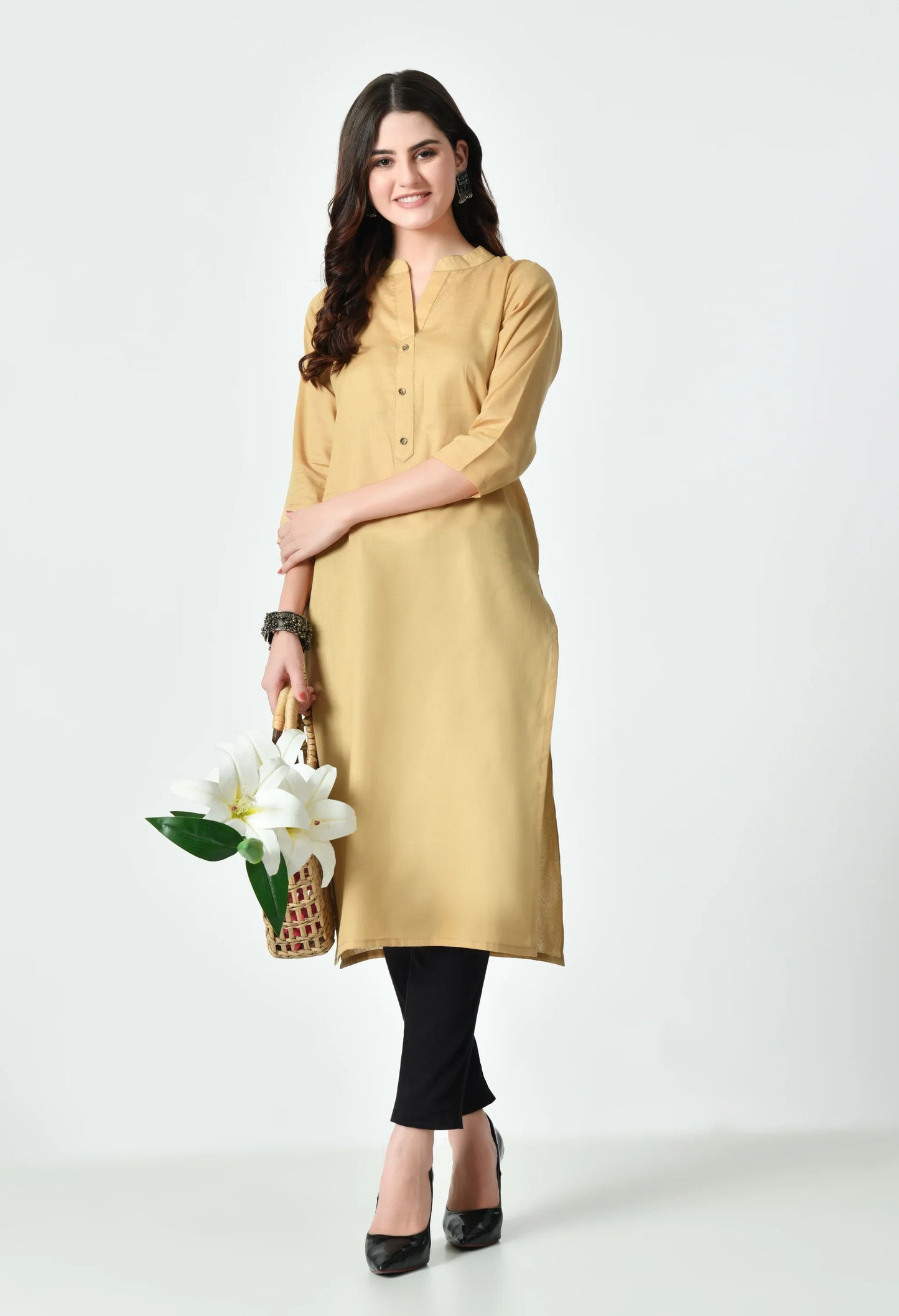 MAURYA Women's Beige Color Solid Cotton Blend Regular Straight Kurti (MKT130)