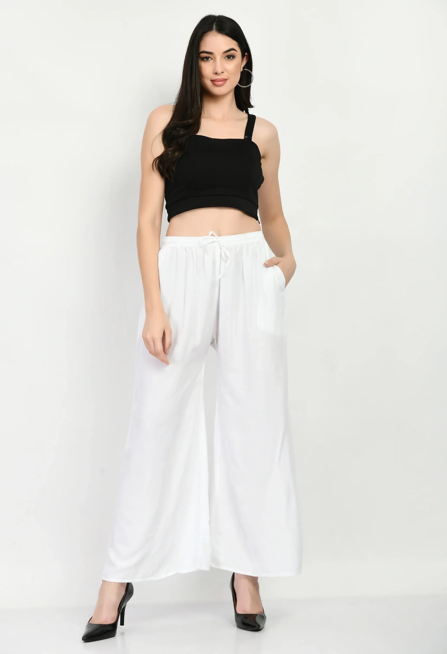 MAURYA Women's White Mustard Solid Elasticated Regular Palazzo (MPL003)