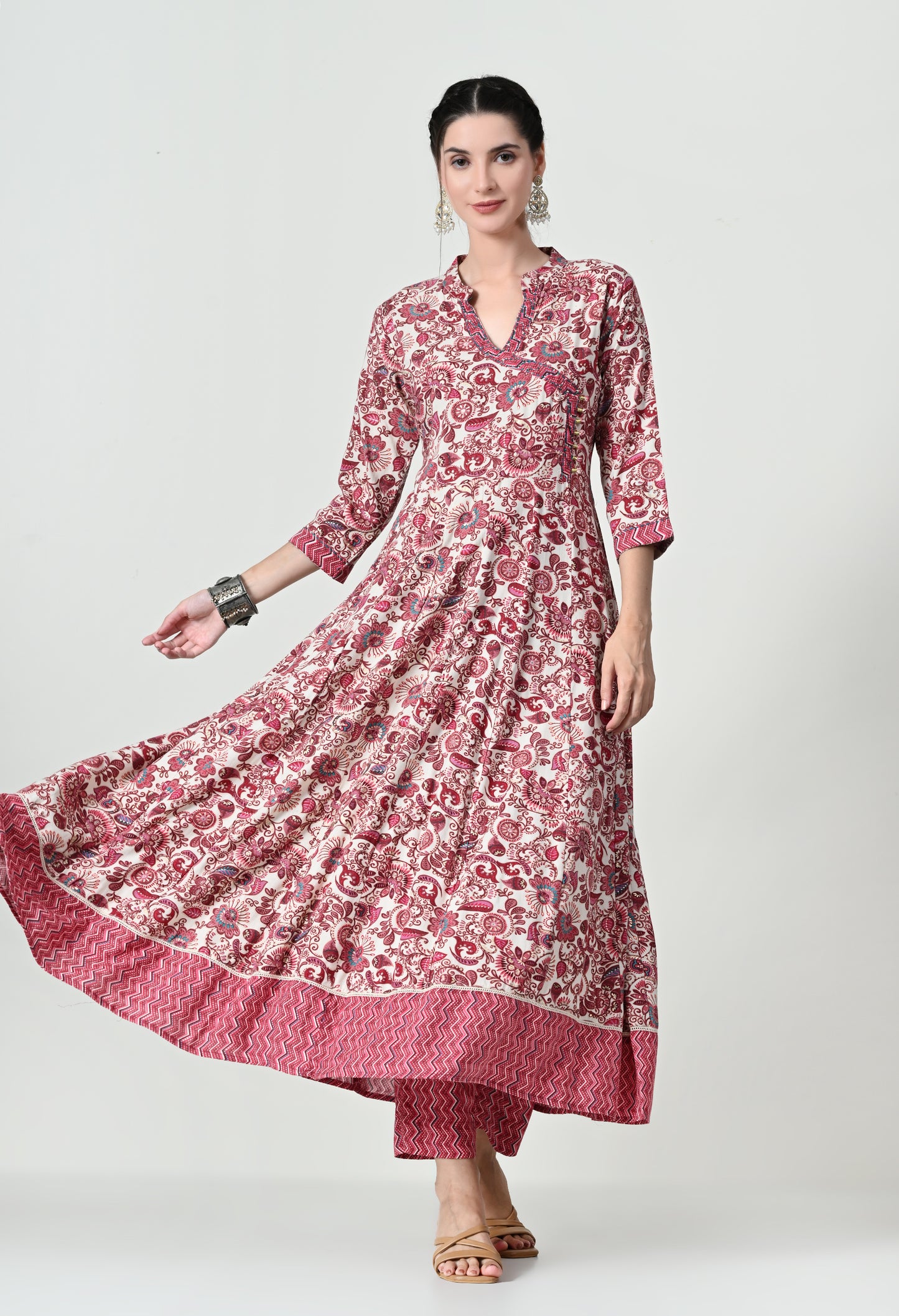 MAURYA Women's Coral Colour Rayon Hand Work Anarkali Fancy Kurta Set with Dupatta (WMKS006)