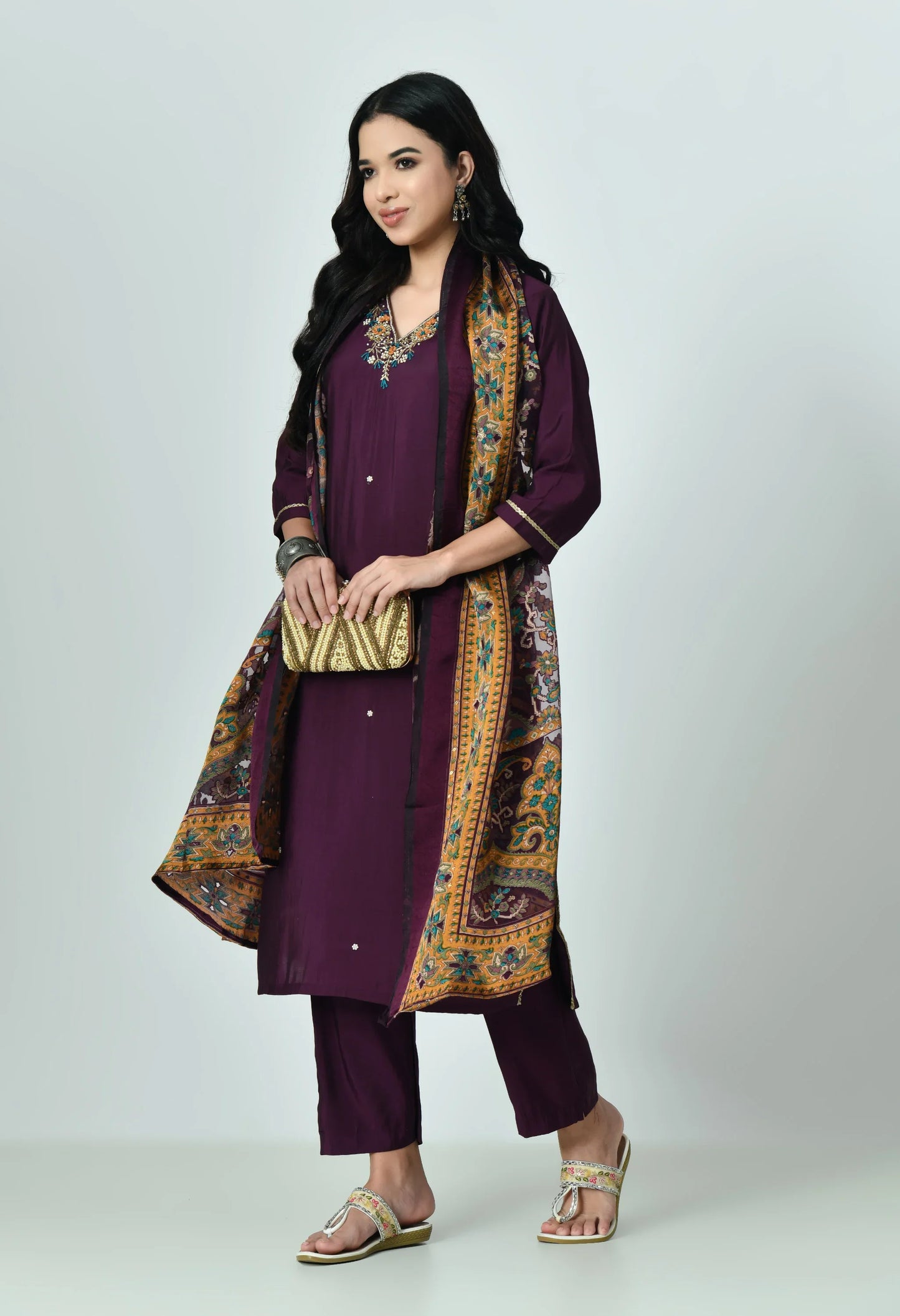 MAURYA Women's Purple Colour Poly Silk Embroidered V-Neck Beautiful Kurta Set with Stylish Dupatta (WMKS001)