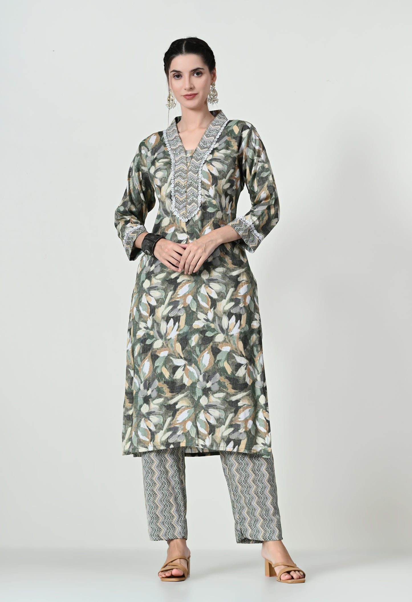 MAURYA Women's Cotton Slub Green Colour Leaf Print Sequence Hand Work Kurta Set with Printed Dupatta (WMKS013)