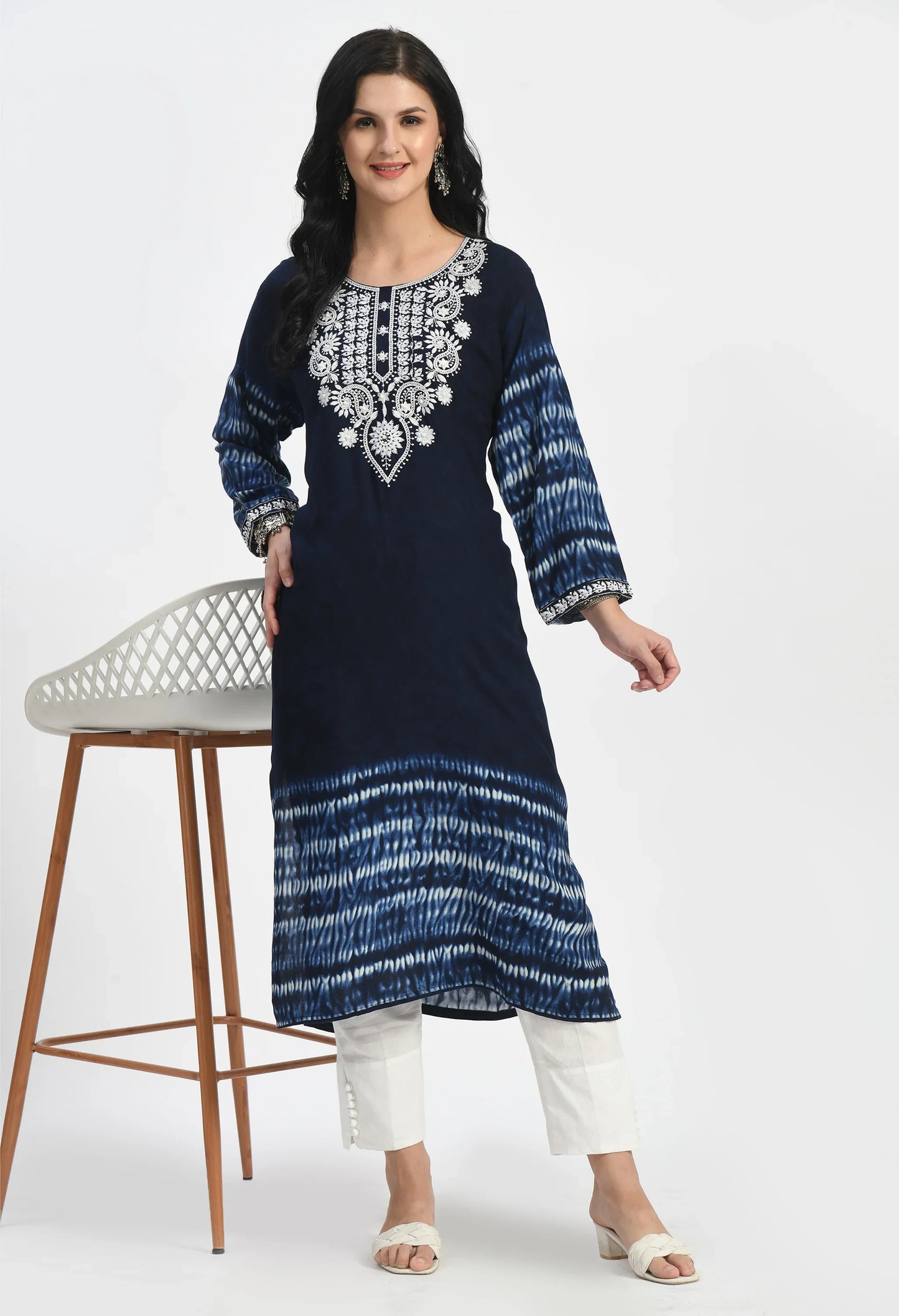 MAURYA Women's Navy Rayon Solid Straight Kurta with Lucknavy Embroidery Moti Work Kurti (MKT114)