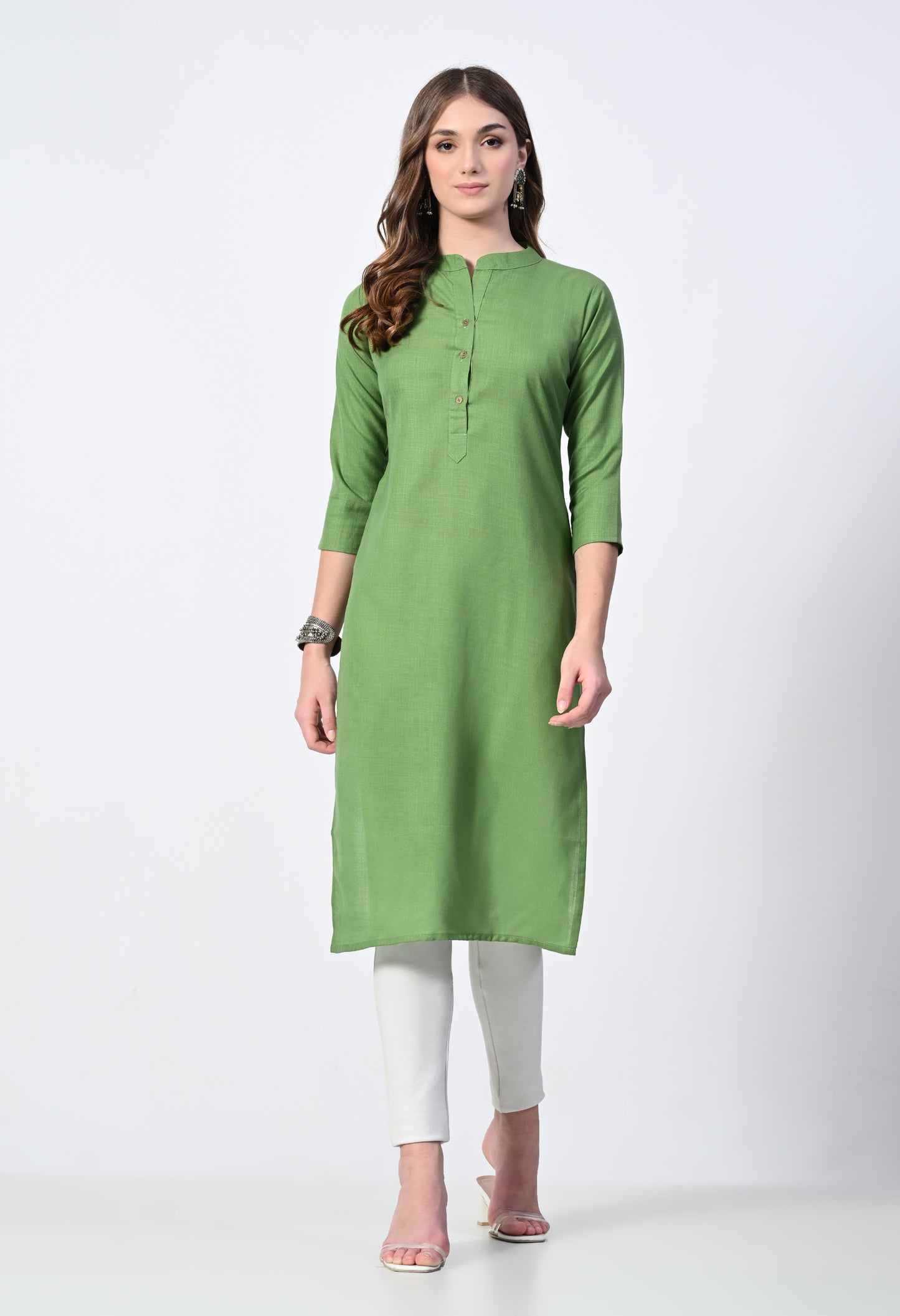 MAURYA Women's Olive Cotton Blend Solid Straight Kurti (MKT144)