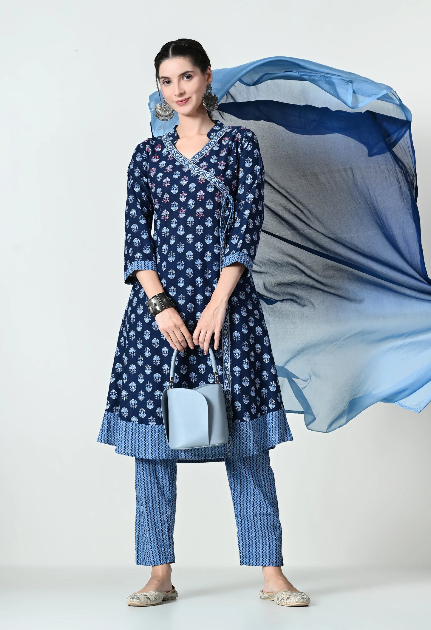 MAURYA Women's Fancy Cotton Blue Indigo Printed Hand Work Angrakhha Neck Kurta Set with Stylish Double Shade Dupatta (WMKS007)