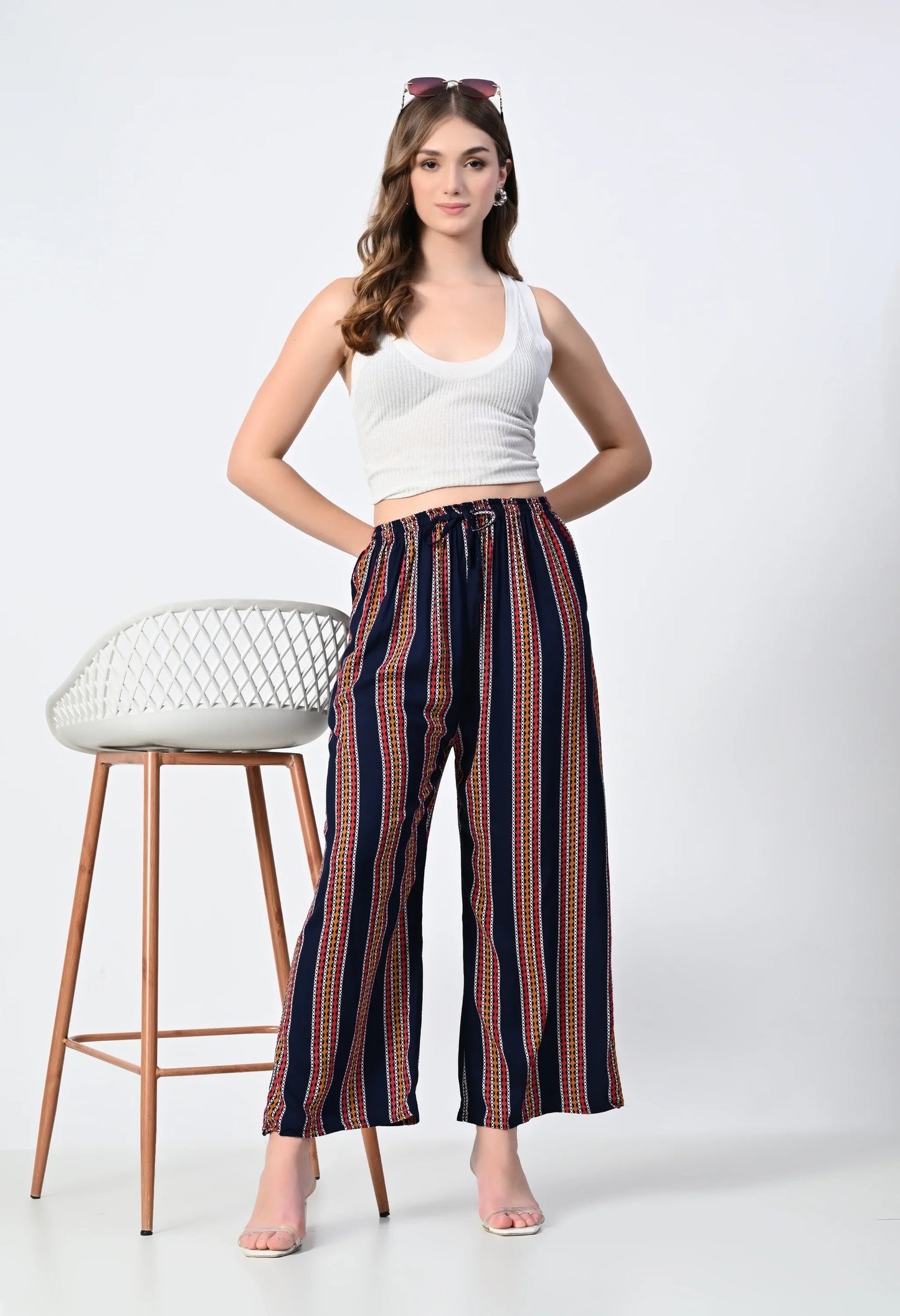 MAURYA Women's Rayon Navy Striped Palazzo (MPL041)