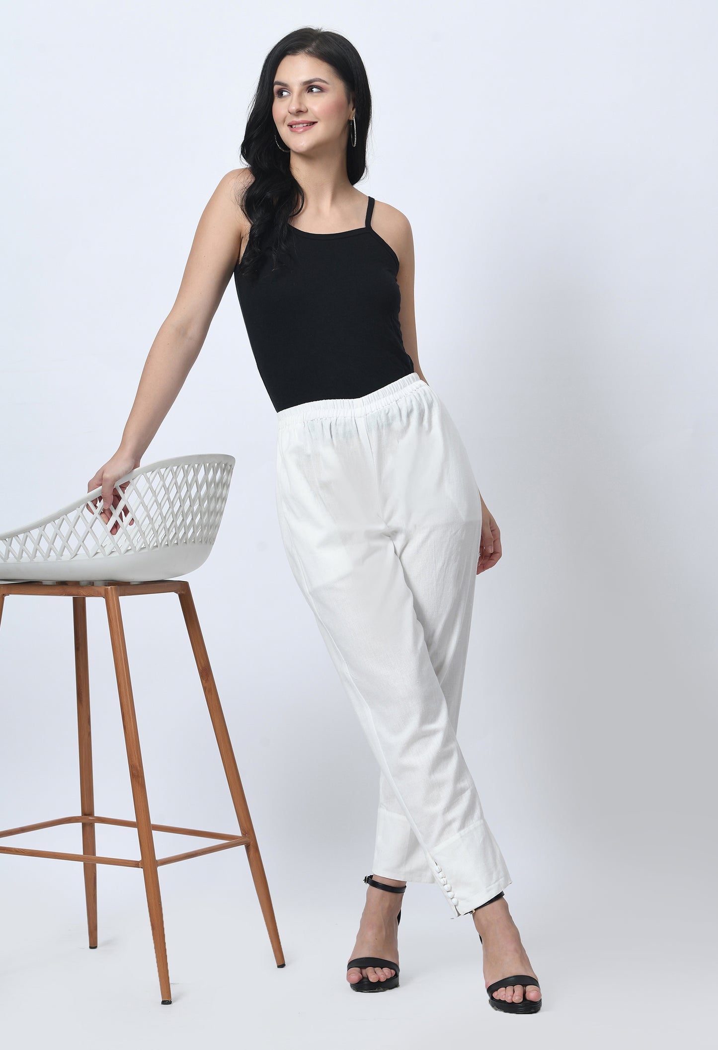 MAURYA Women's Off White 100% Cotton Full-Elasticated Waist Regular Pant with 2 Side Pockets (MPT006)
