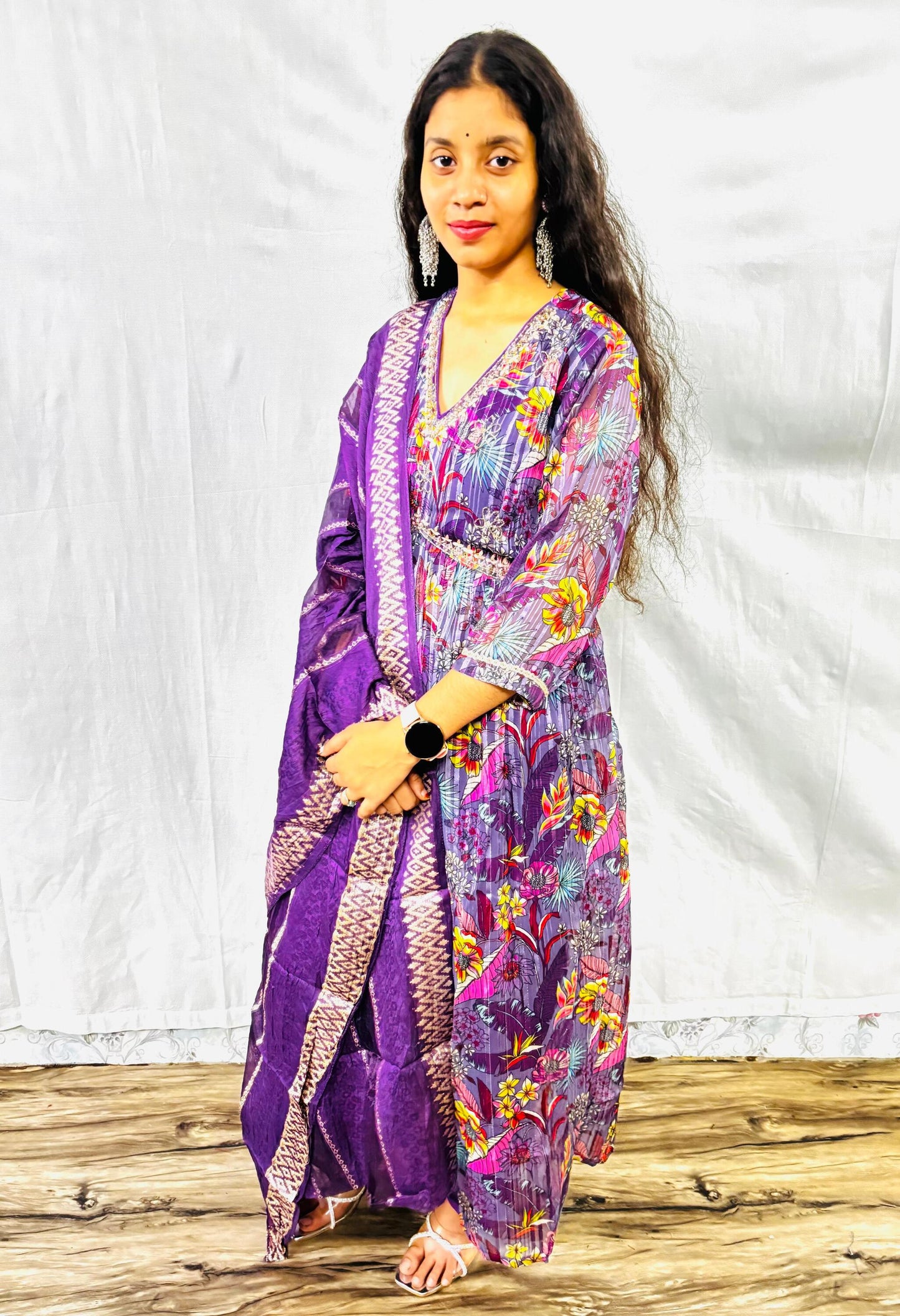 MAURYA Women Purple Printed Chiffon Naira Cut Set with Dupatta (WMKS025)