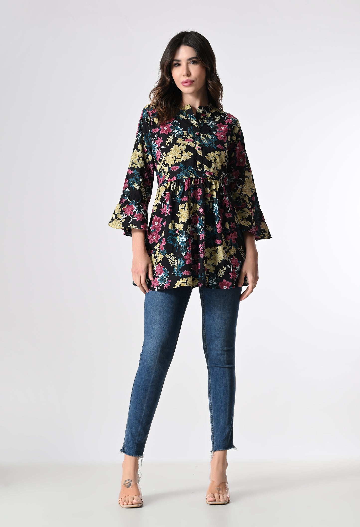 MAURYA Women's Black Color Floral Print Regular V Neck Top (MTOP006)