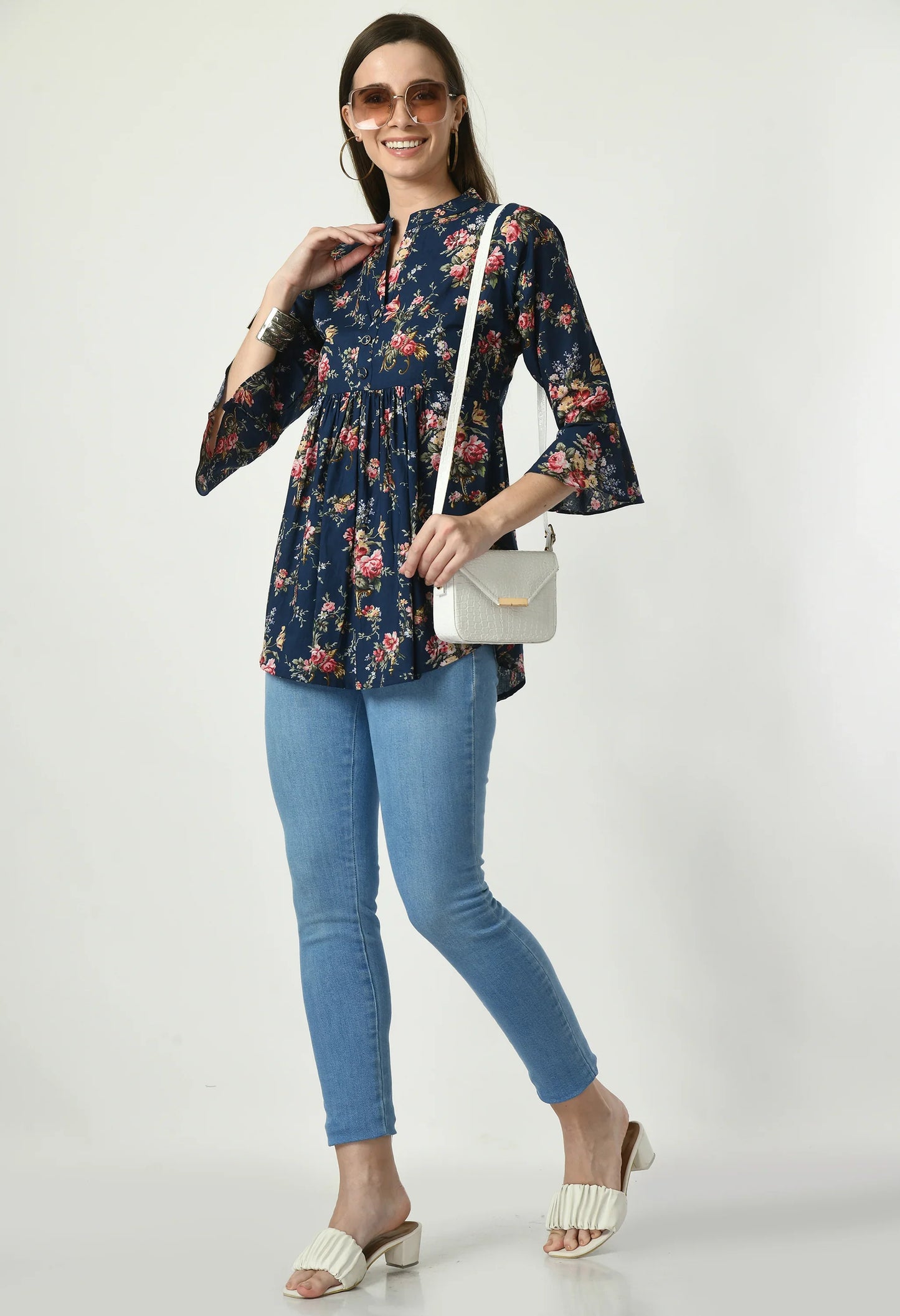 MAURYA Women's Blue Color Floral Print Regular V Neck Top (MTOP007)