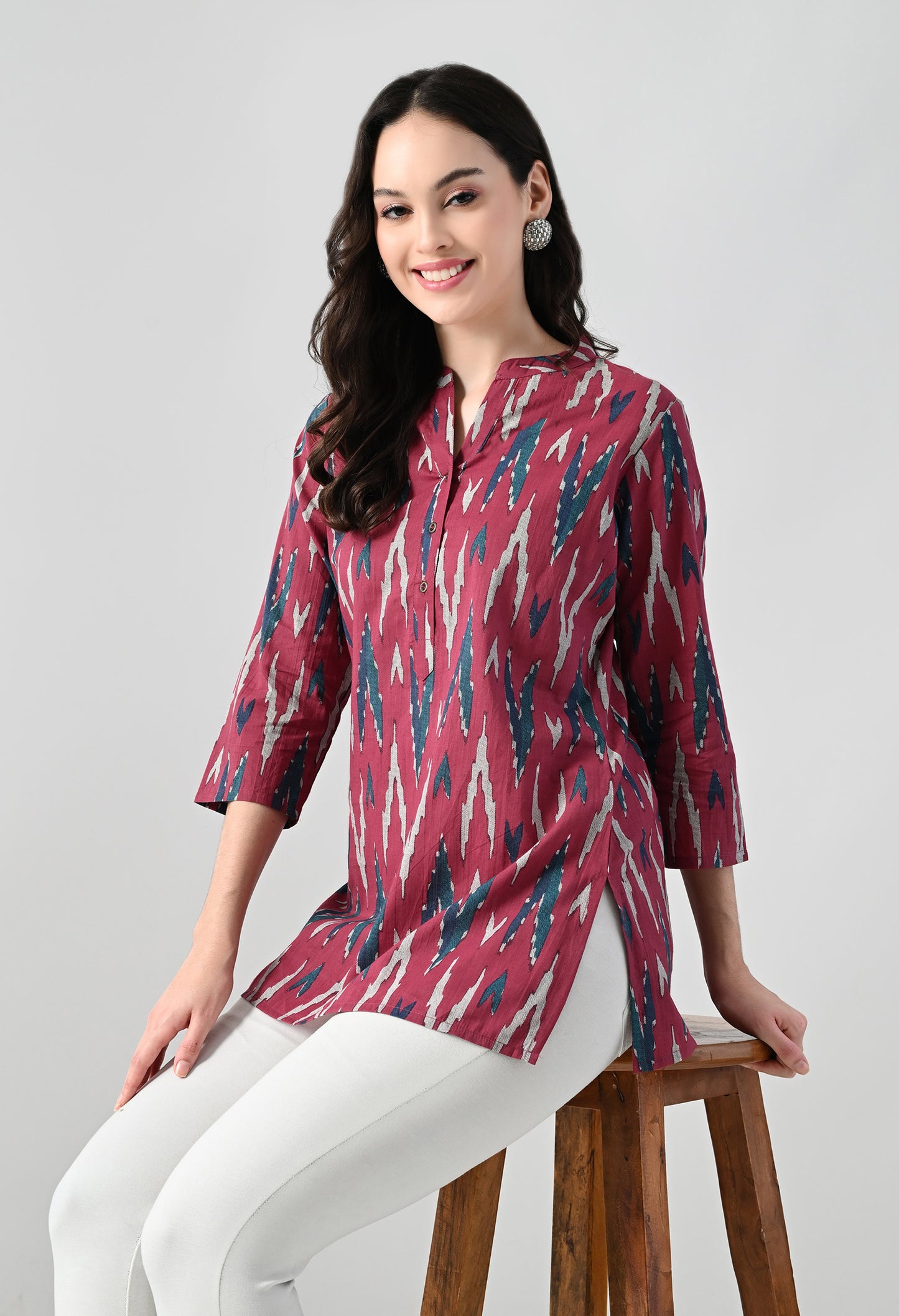 MAURYA Women's Pink Color Ikkat Print Regular V Neck Top (MTOP008)