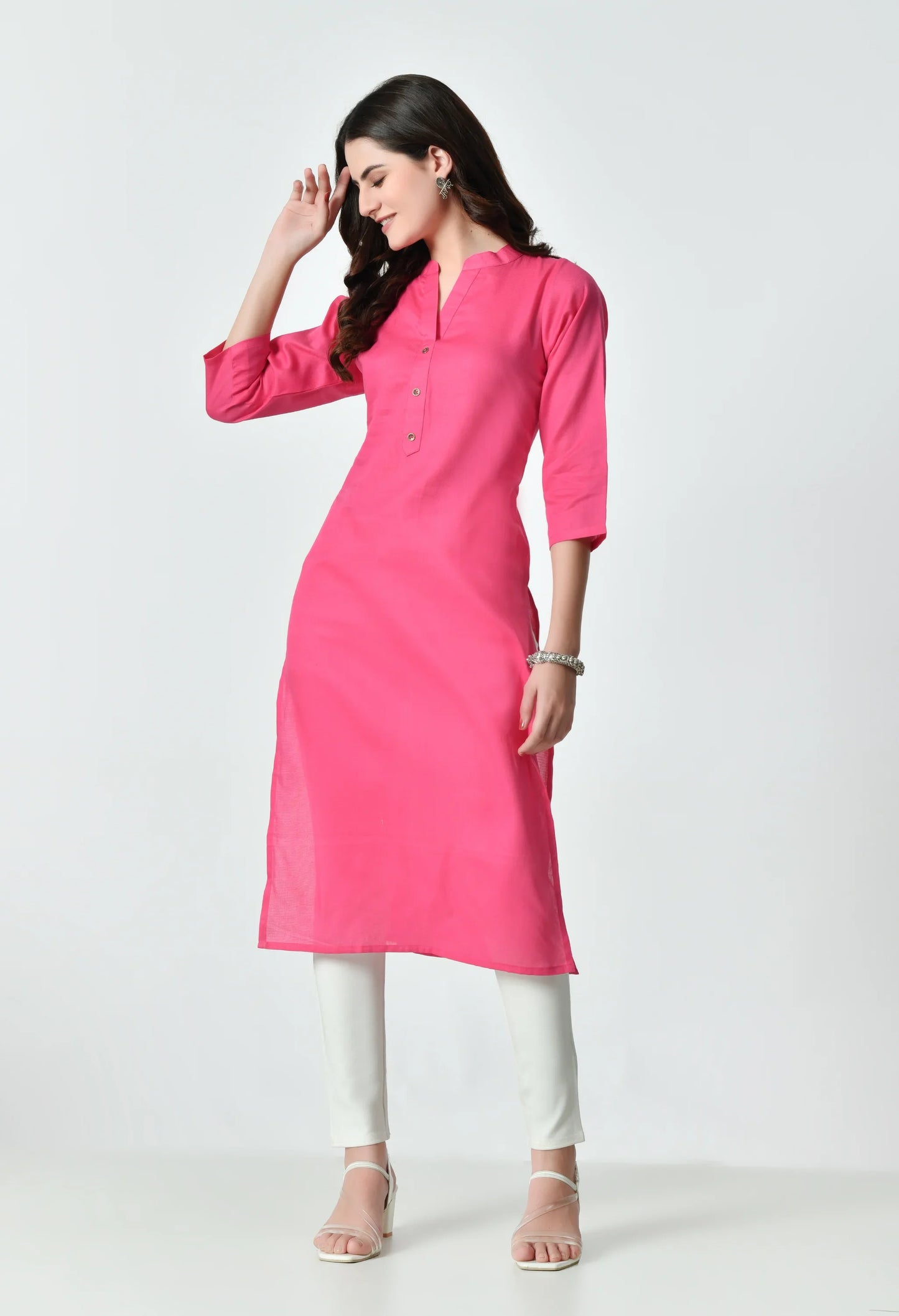 MAURYA Women's Pink Color Solid Cotton Blend Regular Straight Kurti (MKT125)