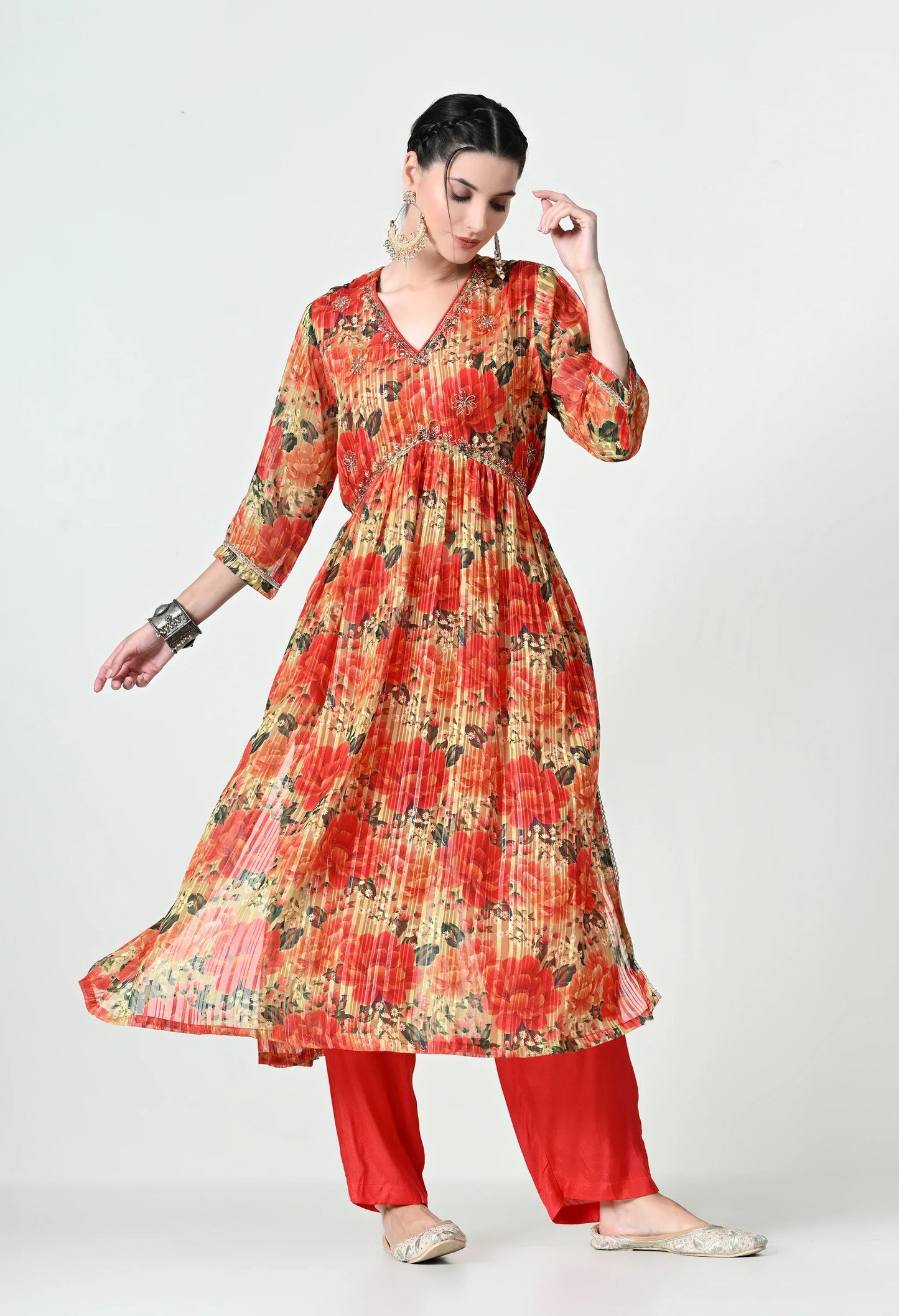 MAURYA Women's Chiffon Multicolor Hand Work Party Wear Naira Kurta Set with Fancy Sequence Dupatta (WMKS009)