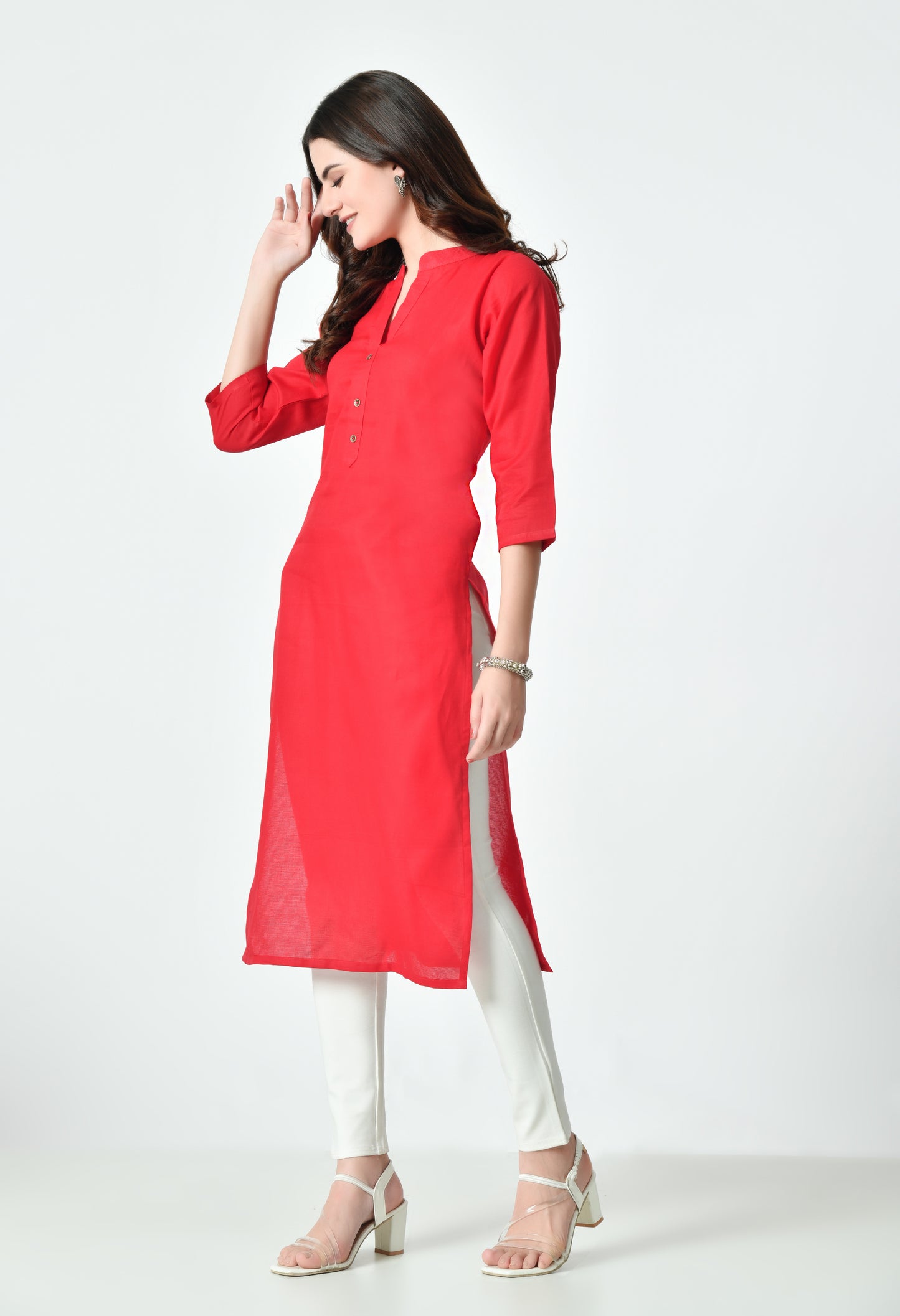 MAURYA Women's Red Color Solid Cotton Blend Regular Straight Kurti (MKT127)
