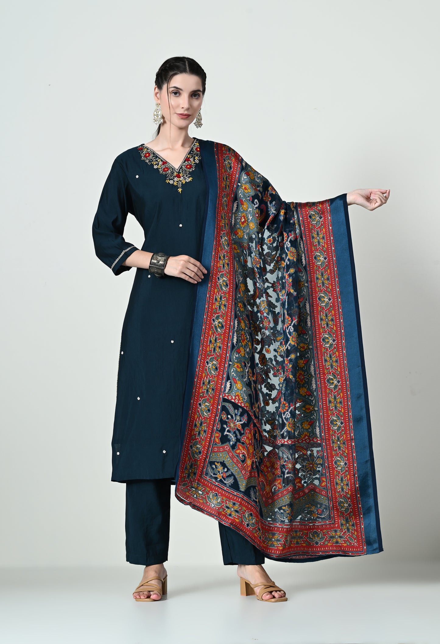 MAURYA Women's Navy Blue Colour Poly Silk Embroidered V-Neck Kurta Set with Stylish Dupatta (WMKS002)