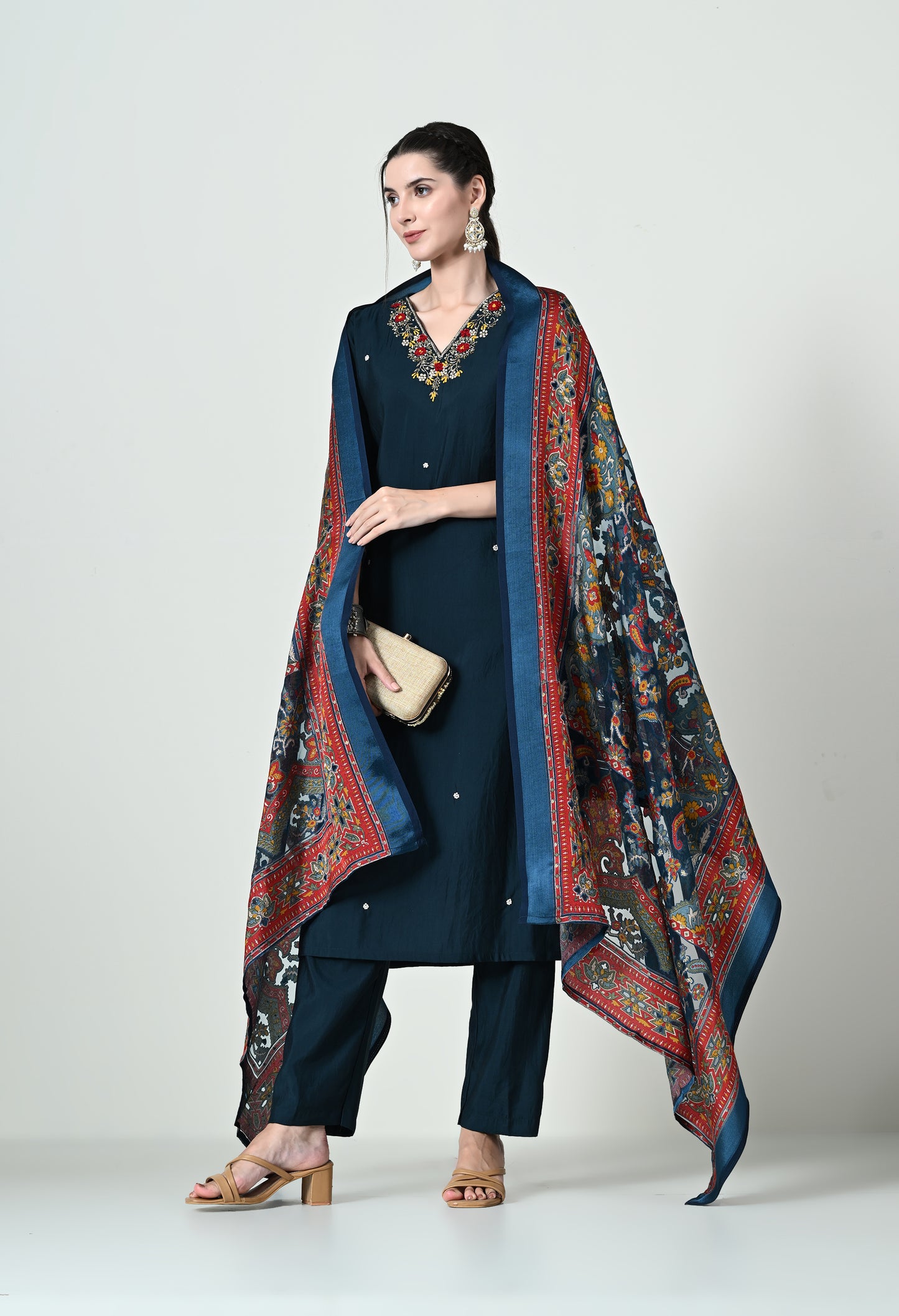 MAURYA Women's Navy Blue Colour Poly Silk Embroidered V-Neck Kurta Set with Stylish Dupatta (WMKS002)