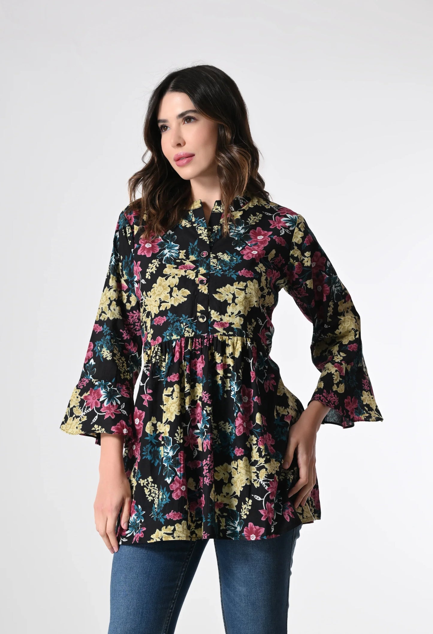 MAURYA Women's Black Color Floral Print Regular V Neck Top (MTOP006)