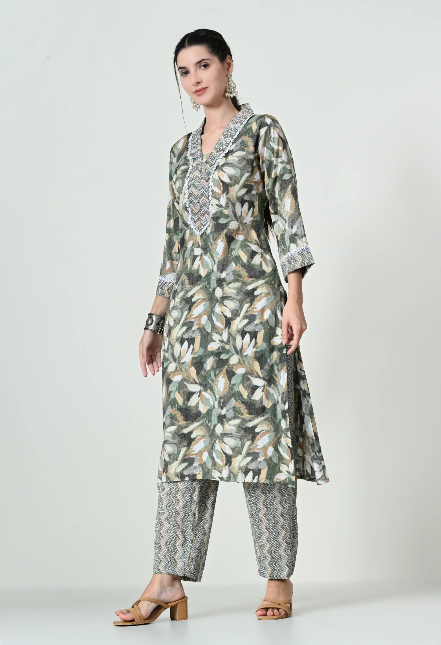 MAURYA Women's Cotton Slub Green Colour Leaf Print Sequence Hand Work Kurta Set with Printed Dupatta (WMKS013)