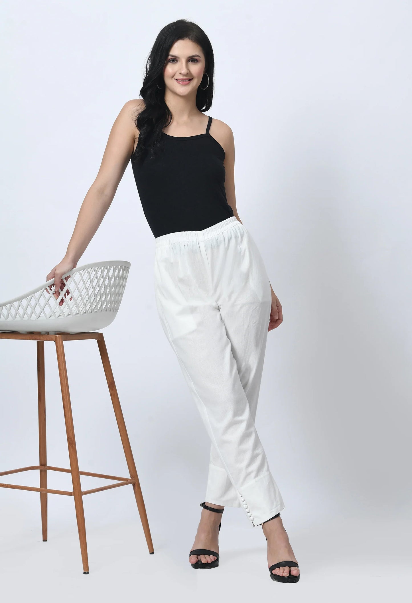 MAURYA Women's Off White 100% Cotton Full-Elasticated Waist Regular Pant with 2 Side Pockets (MPT006)