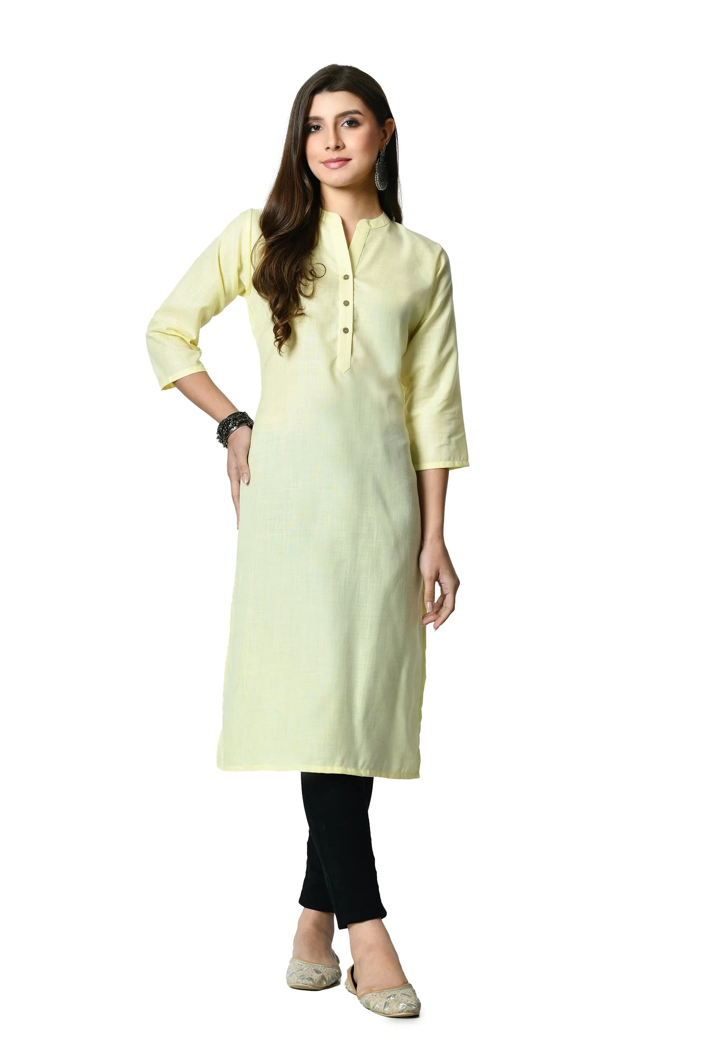 MAURYA Women's Light Yellow Colour Solid Straight Cotton Kurti (MKT149)