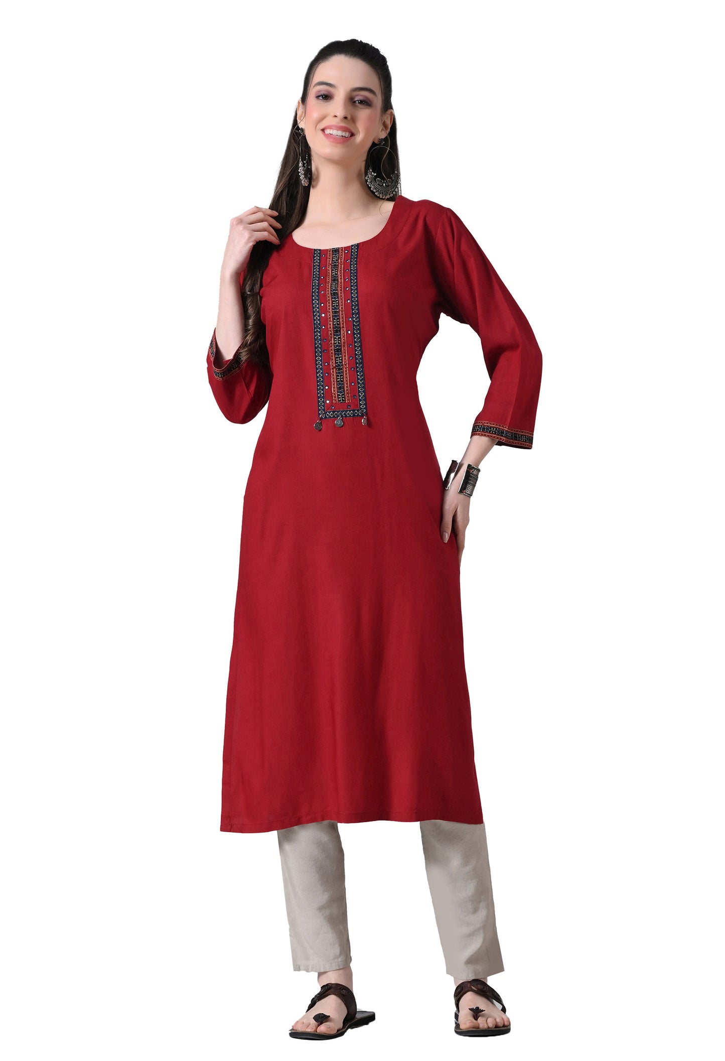 MAURYA Women’s Solid Silk Straight Kurti with Mirror Work Yoke