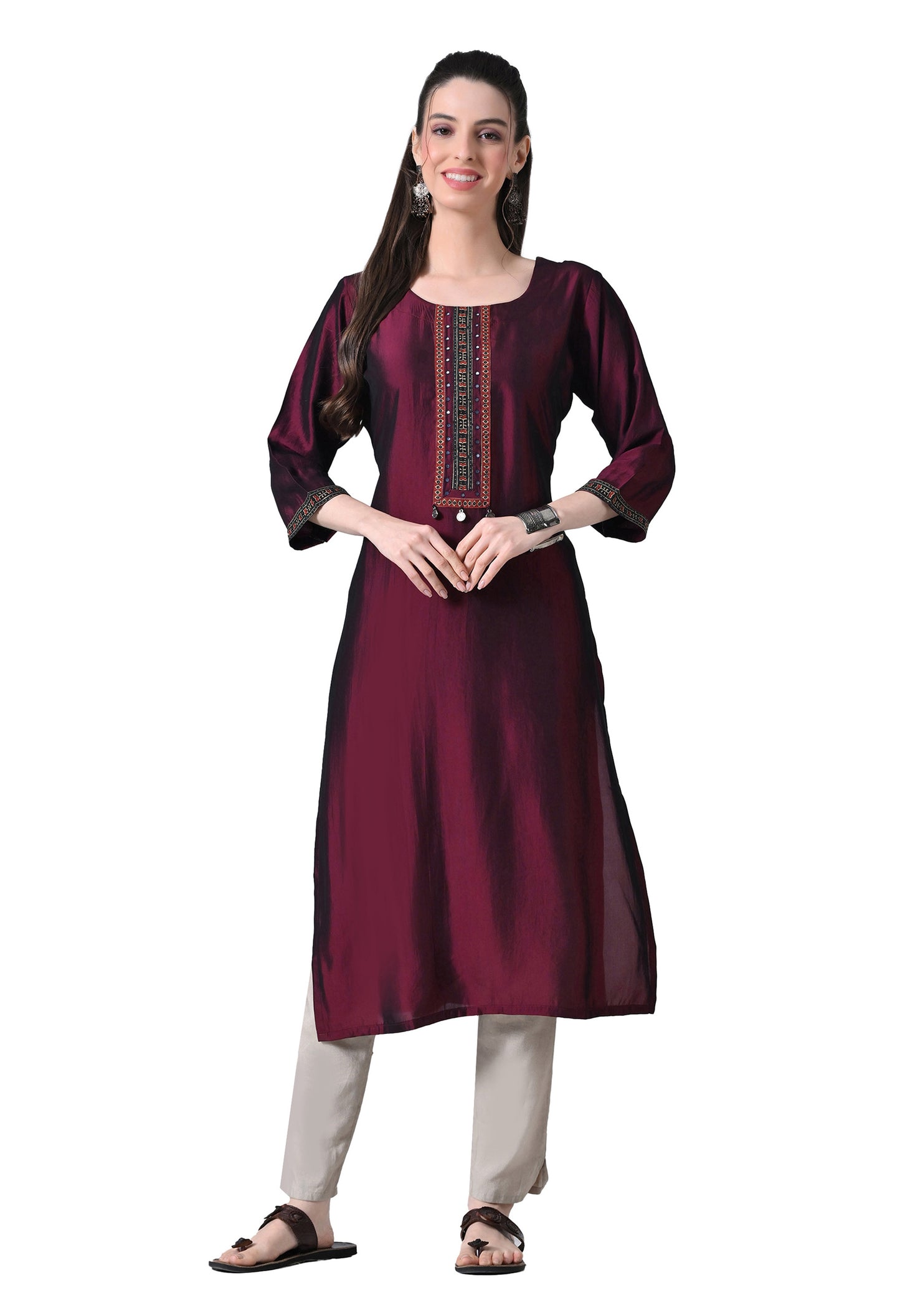 MAURYA Women’s Solid Silk Straight Kurti with Mirror Work Yoke