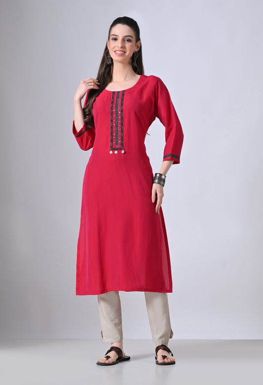 MAURYA Women’s Solid Silk Straight Kurti with Mirror Work Yoke