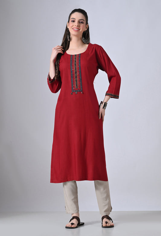 MAURYA Women’s Solid Silk Straight Kurti with Mirror Work Yoke