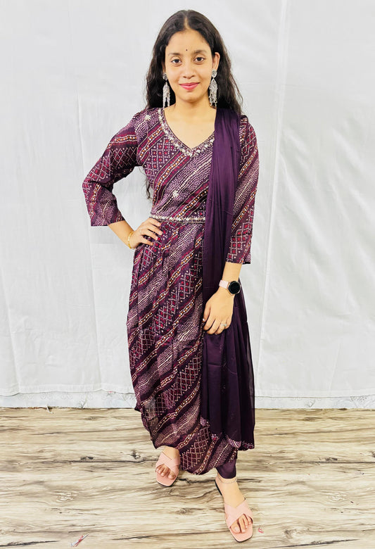 MAURYA Women Purple Printed Georgette Naira Set Set with Dupatta (WMKS019)