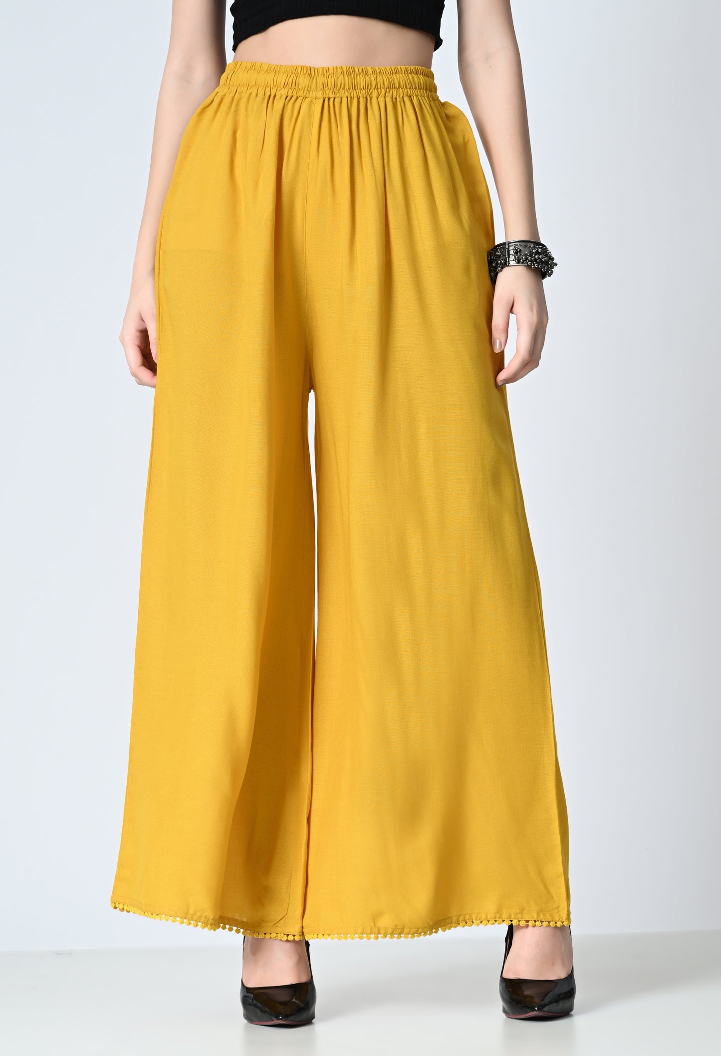 MAURYA Women Solid Rayon Palazzo with Elastic Waist & Lace Hem