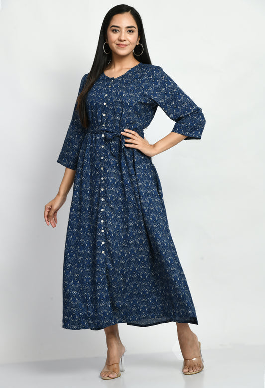 MUARYA Women’s Cotton Blend A-Line Long Dress for Casual & Festive Wear