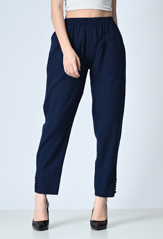 MAURYA Women’s Cotton Straight Fit Pants with Side Pockets & Button Detail