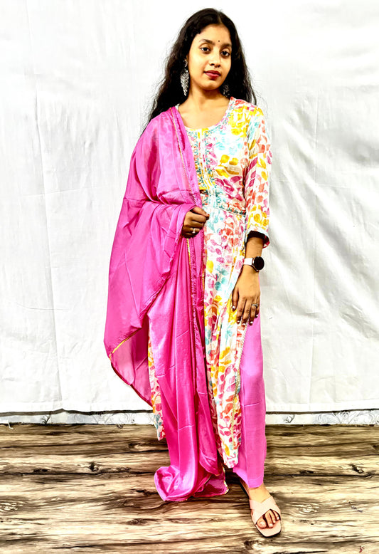 MAURYA Women Pink Printed Chinon Silk Naira Cut Set with Dupatta (WMKS024)
