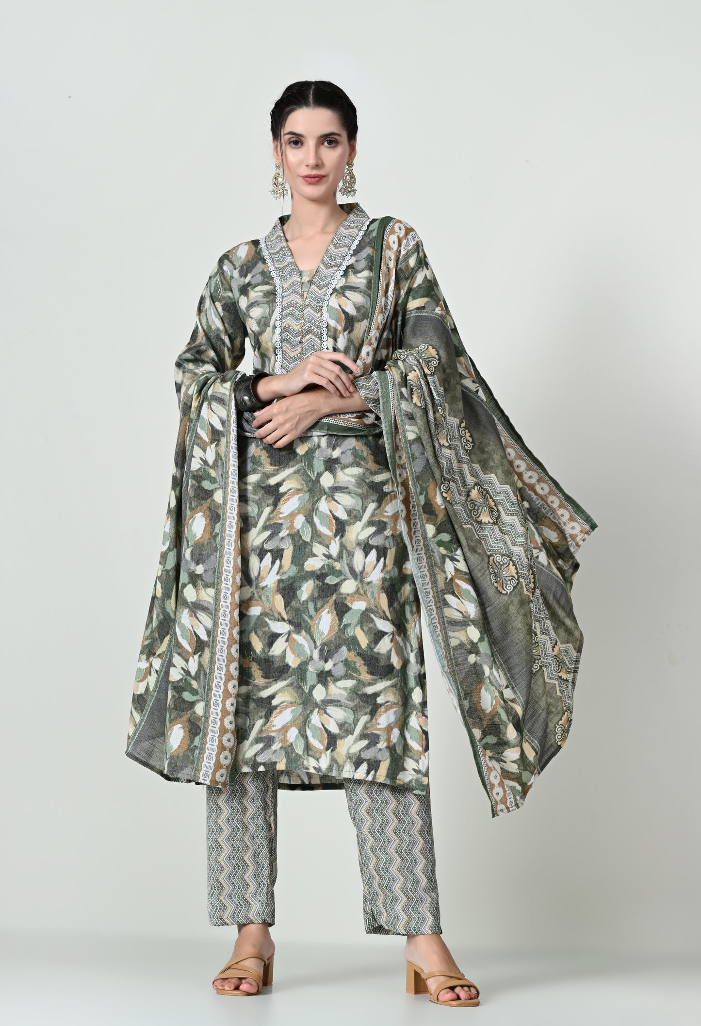 MAURYA Women's Cotton Slub Green Colour Leaf Print Sequence Hand Work Kurta Set with Printed Dupatta (WMKS013)