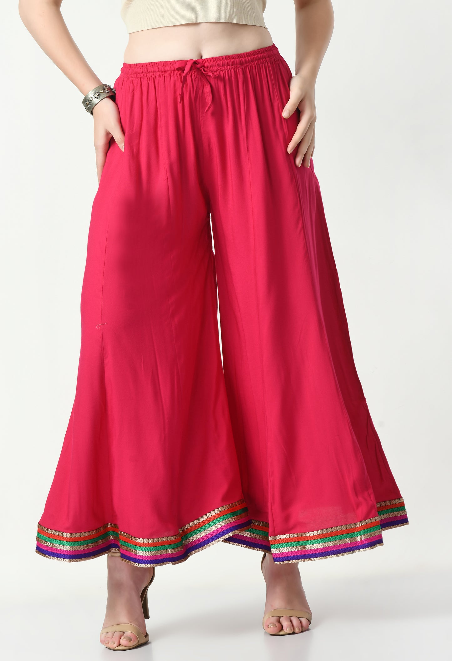 MAURYA Women Solid Rayon Palazzo with Elastic Waist & Lace Hem