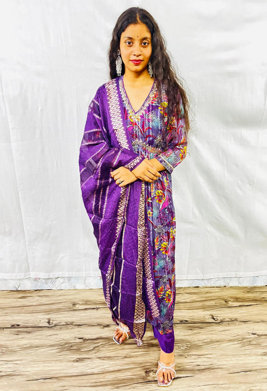MAURYA Women Purple Printed Chiffon Naira Cut Set with Dupatta (WMKS025)