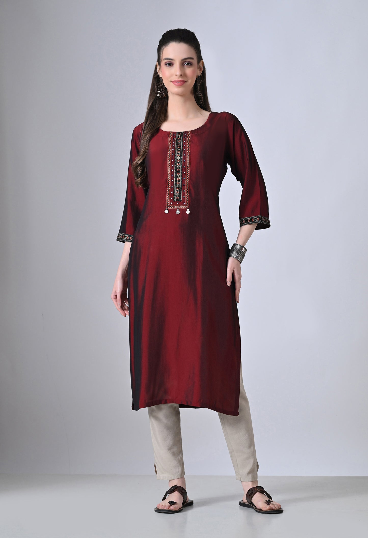 MAURYA Women’s Solid Silk Straight Kurti with Mirror Work Yoke