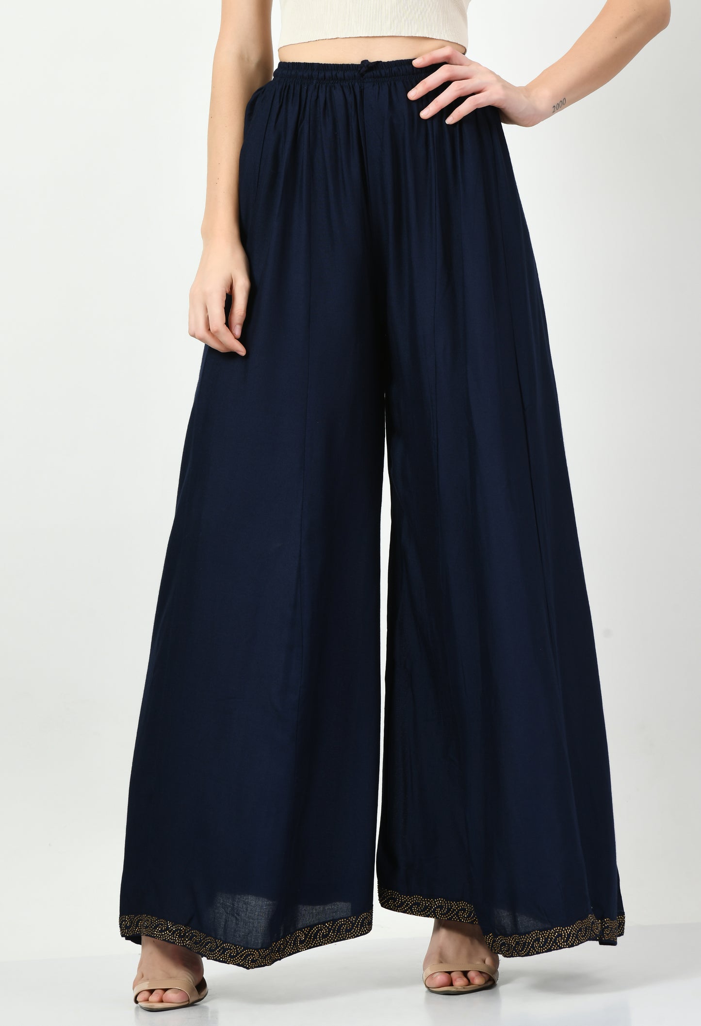 MAURYA Women Solid Rayon Palazzo with Elastic Waist & Lace Hem