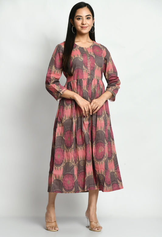 MUARYA Women’s Cotton Blend A-Line Long Dress for Casual & Festive Wear