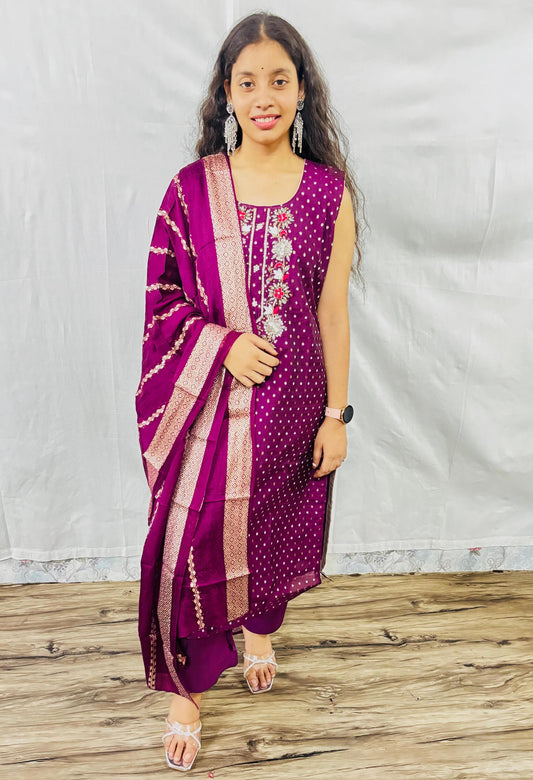 MAURYA Women Purple Printed Viscose Chanderi Kurta Set with Dupatta (WMKS022)