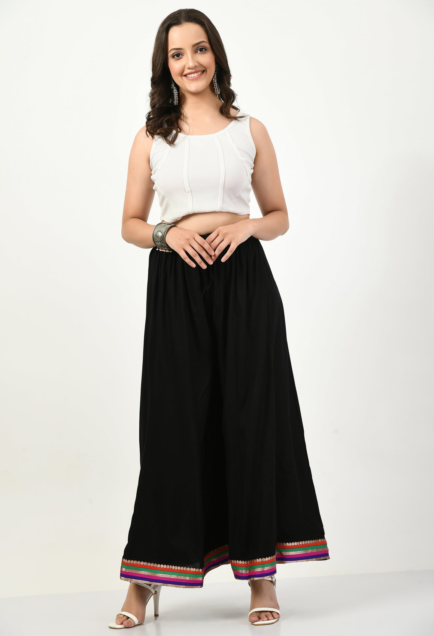 MAURYA Women Solid Rayon Palazzo with Elastic Waist & Lace Hem