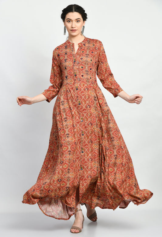 MAURYA Women’s Rayon A-Line Flared Long Dress for Casual & Festive Wear