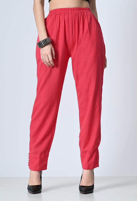 MAURYA Women’s Cotton Straight Fit Pants with Side Pockets & Button Detail