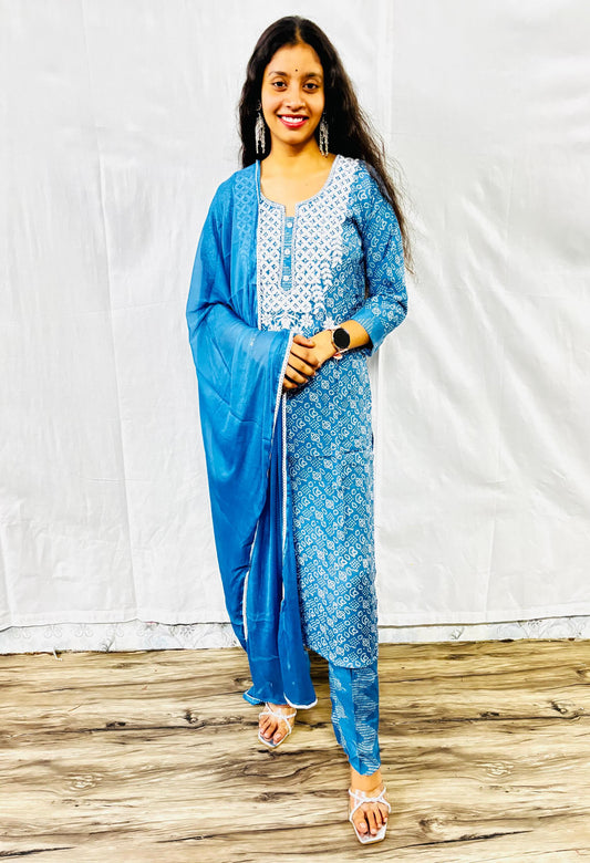 MAURYA Women Blue Printed Rayon Kurta Set with Dupatta (WMKS026)