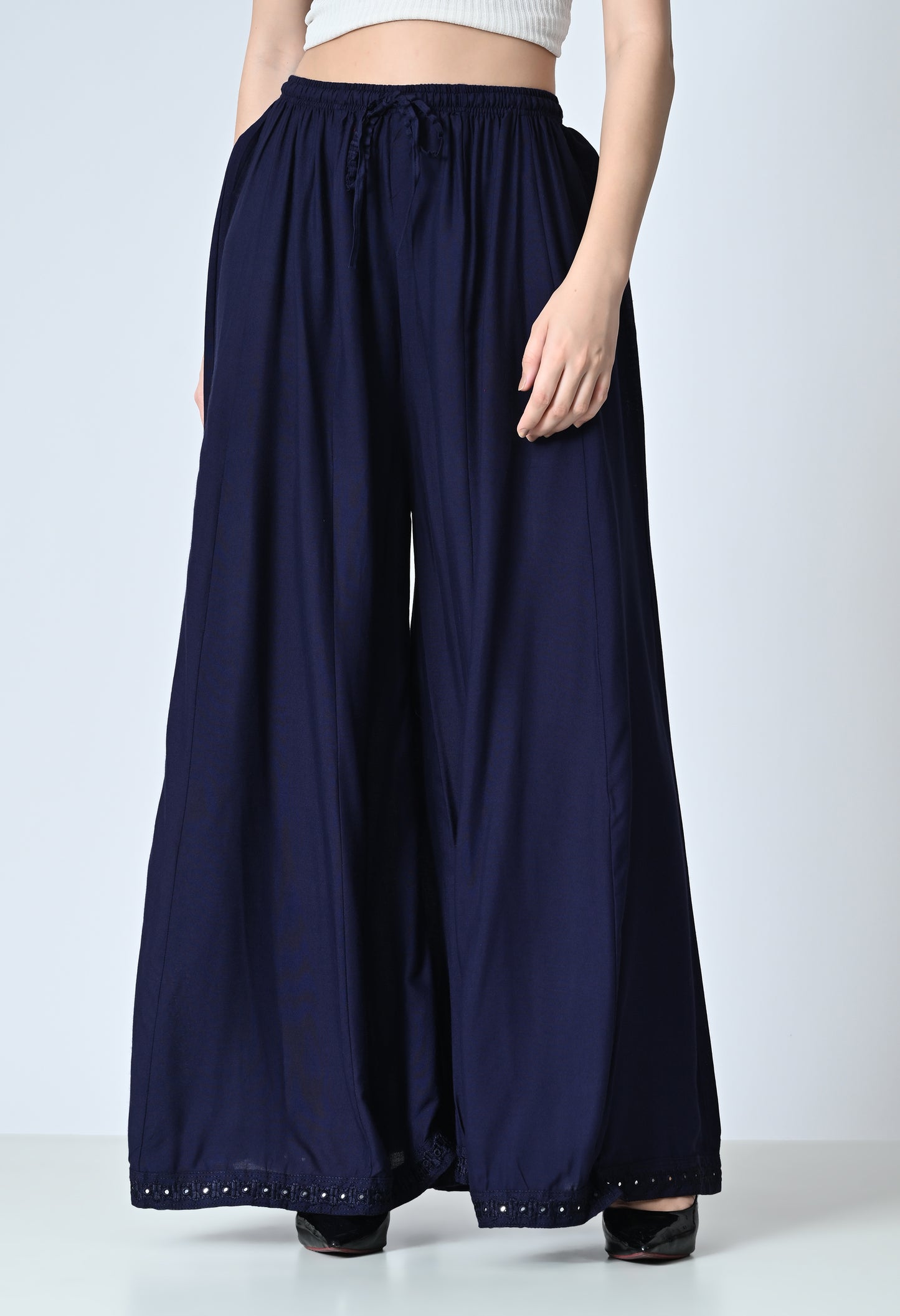MAURYA Women's Navy Flared Maxi Palazzo with Elastic Waistband, 39 cm Length (MPL025)