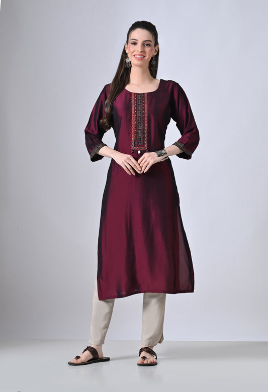 MAURYA Women’s Solid Silk Straight Kurti with Mirror Work Yoke