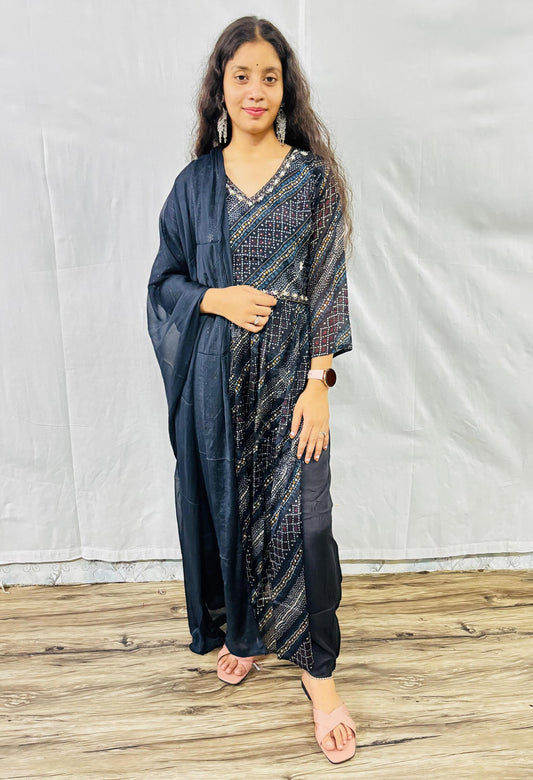 MAURYA Women Blue Printed Georgette Naira Cut Set with Dupatta (WMKS020)